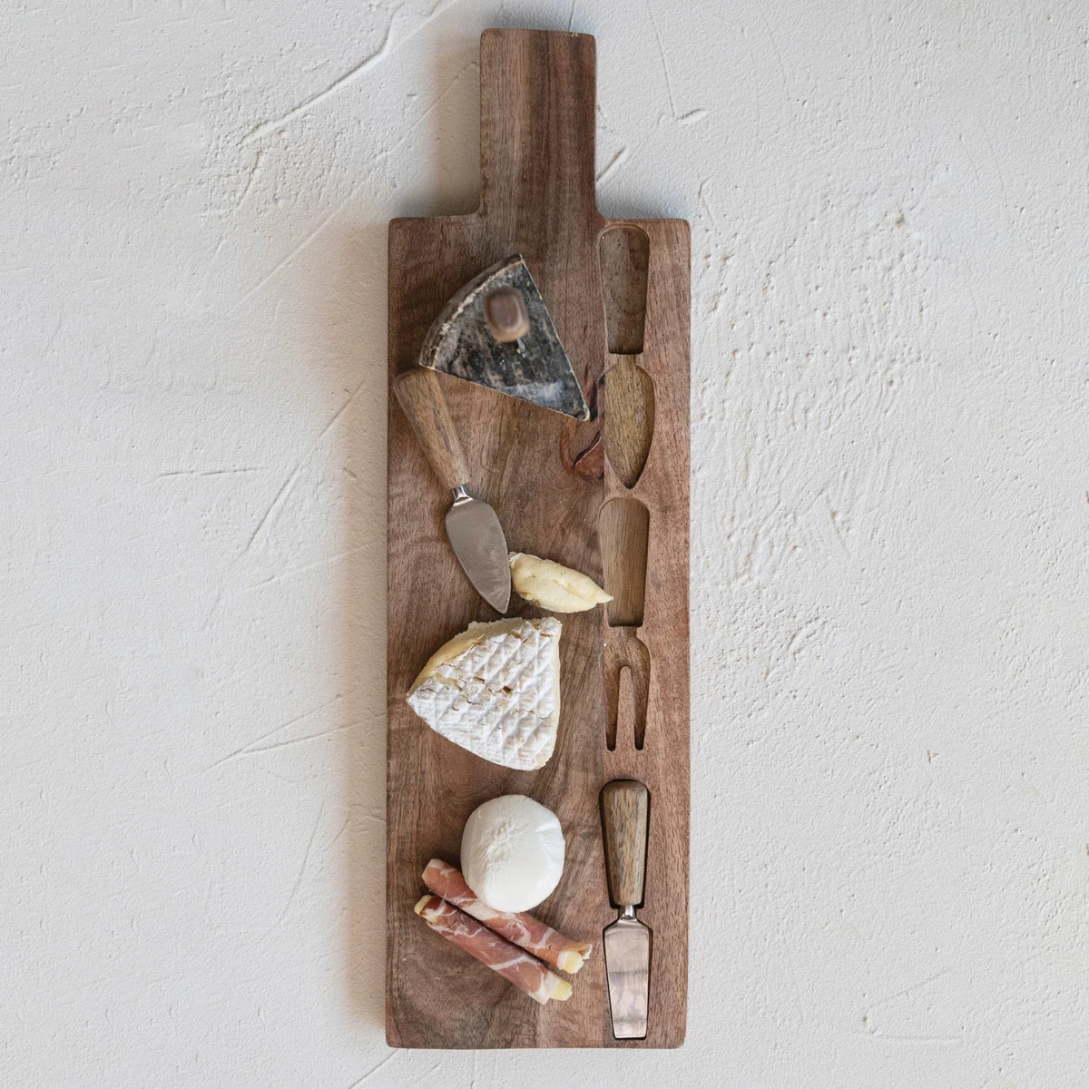 Mango Wood Cheese Cutting Board w/ Handle & Cheese Utensils