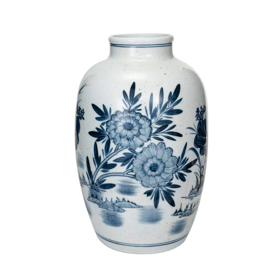 Hand-Painted Stoneware Vase White with Blue Florals