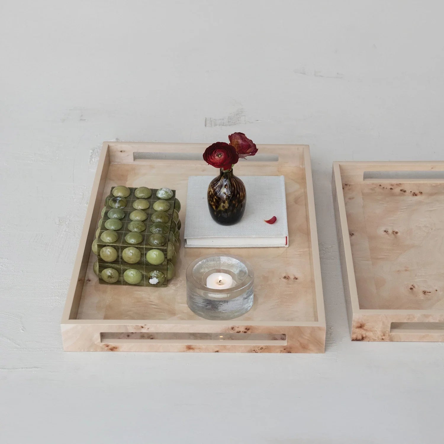 MDF & Burl Wood Veneer Trays w/ Handles