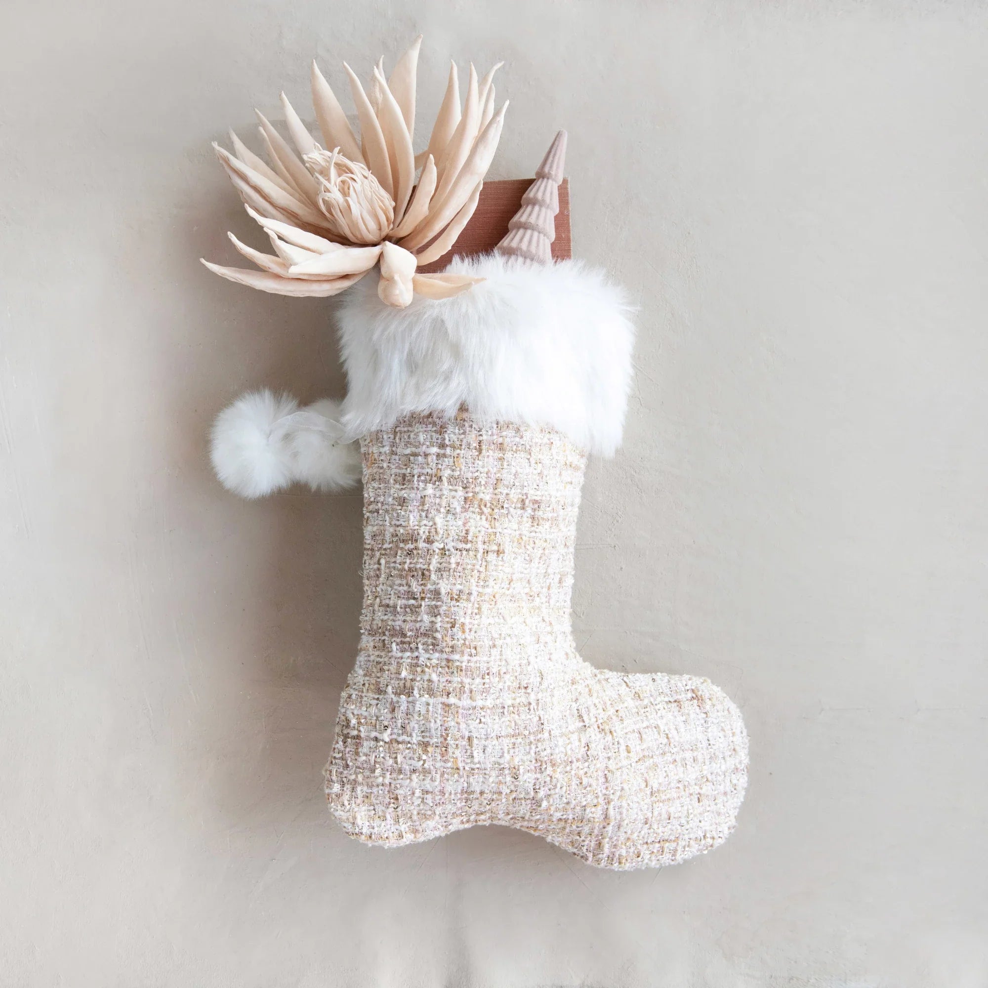 Boucle Stocking w/ Faux Fur/Pom Poms